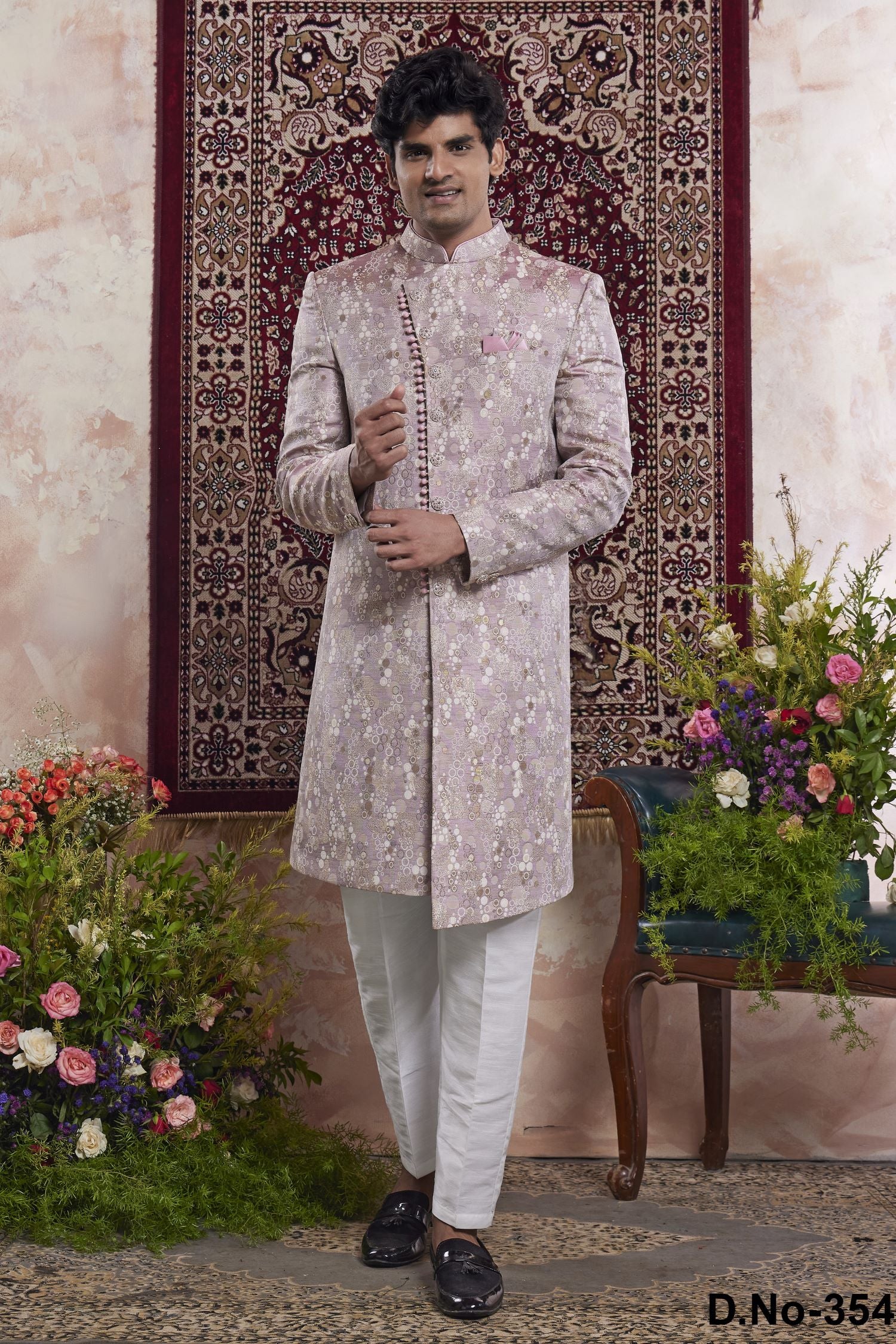 Pinkish Lavender Jacquard Woven Indo Western Mens Indian Wedding Attire