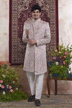 Pinkish Lavender Jacquard Woven Indo Western Mens Indian Wedding Attire