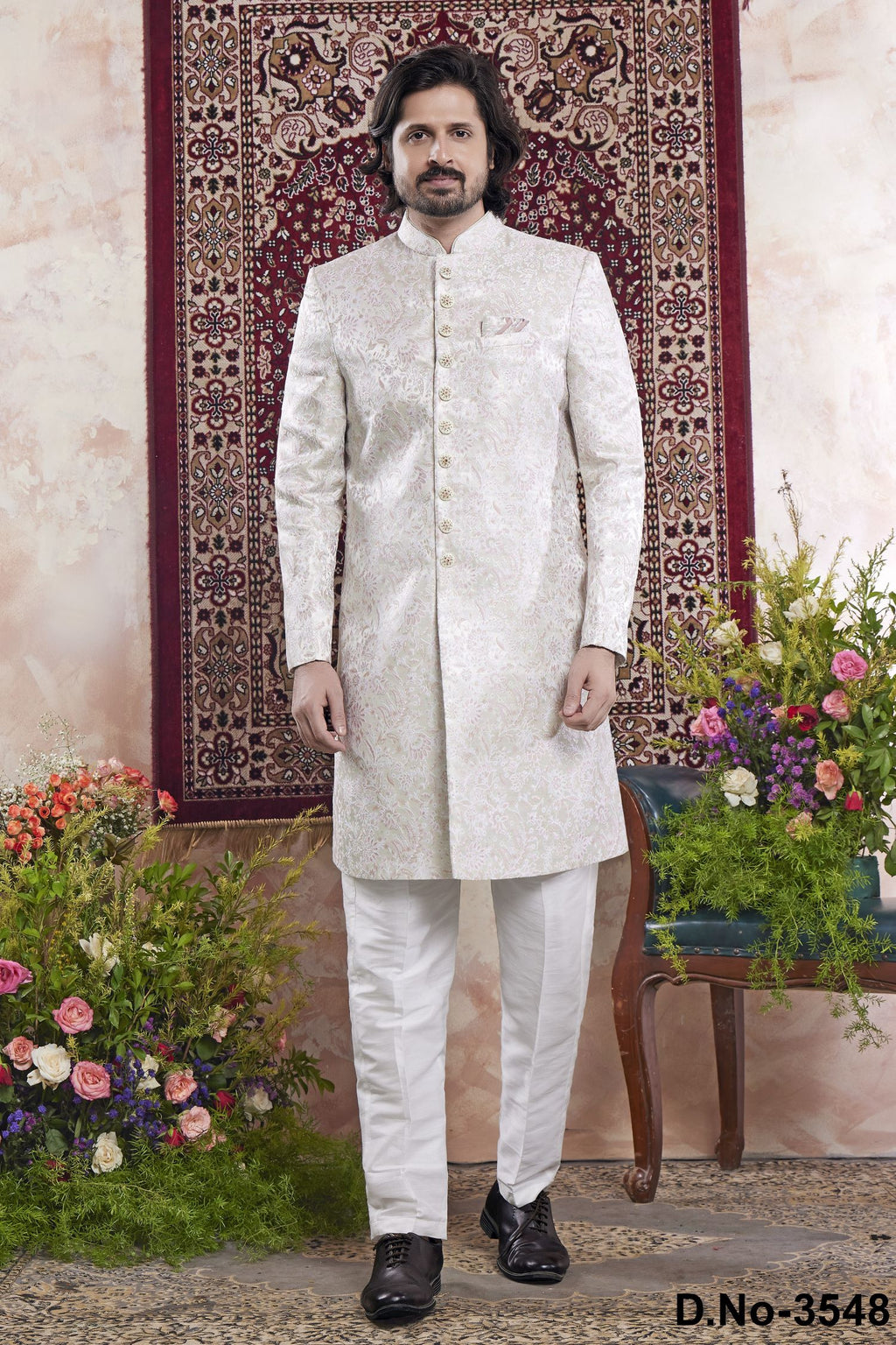 Light Cream Jacquard Mens Indian Wedding Attire Indo Western