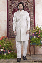 Light Cream Jacquard Mens Indian Wedding Attire Indo Western