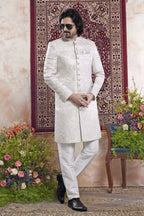 Light Cream Jacquard Mens Indian Wedding Attire Indo Western