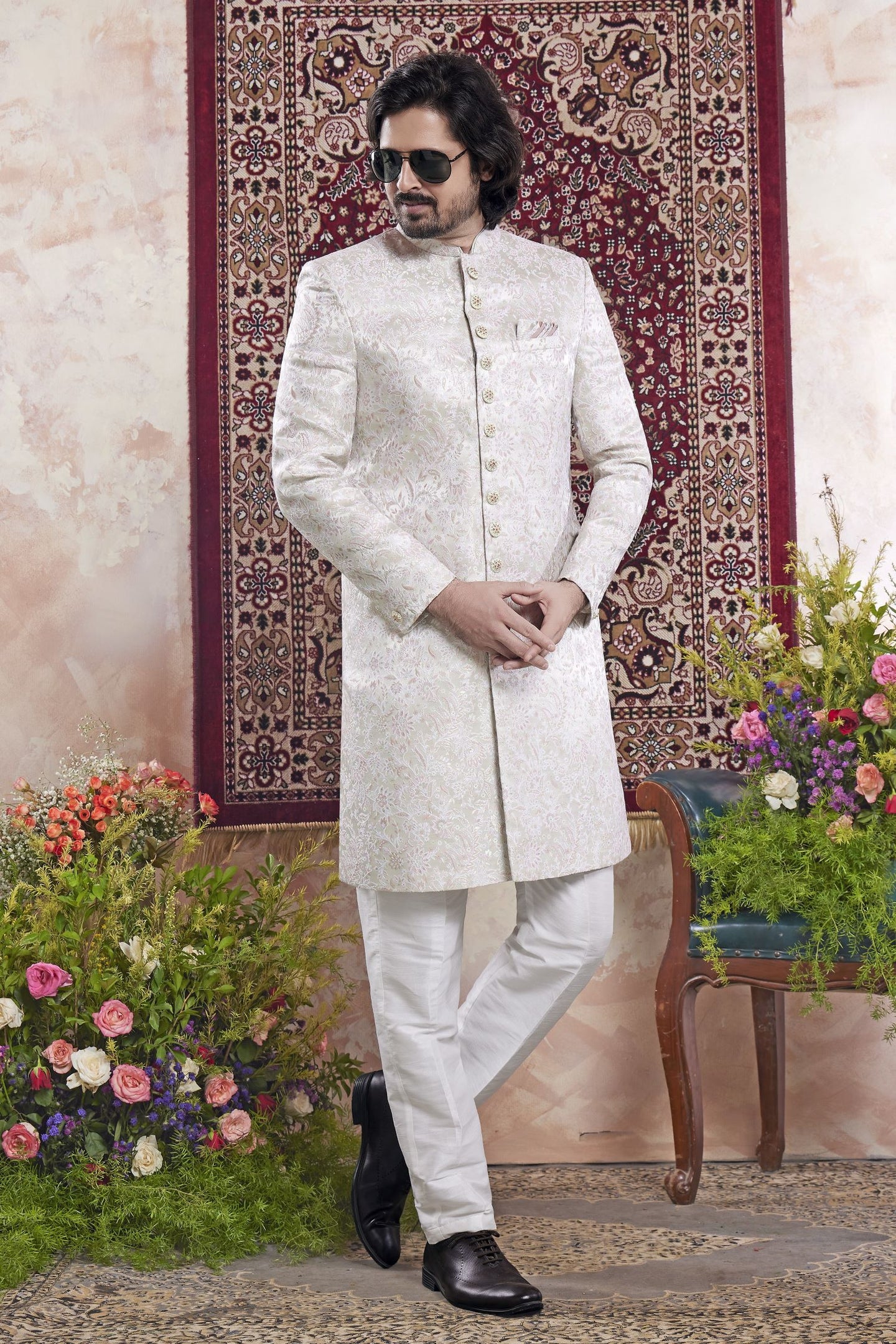 Light Cream Jacquard Mens Indian Wedding Attire Indo Western