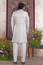 Light Cream Jacquard Mens Indian Wedding Attire Indo Western