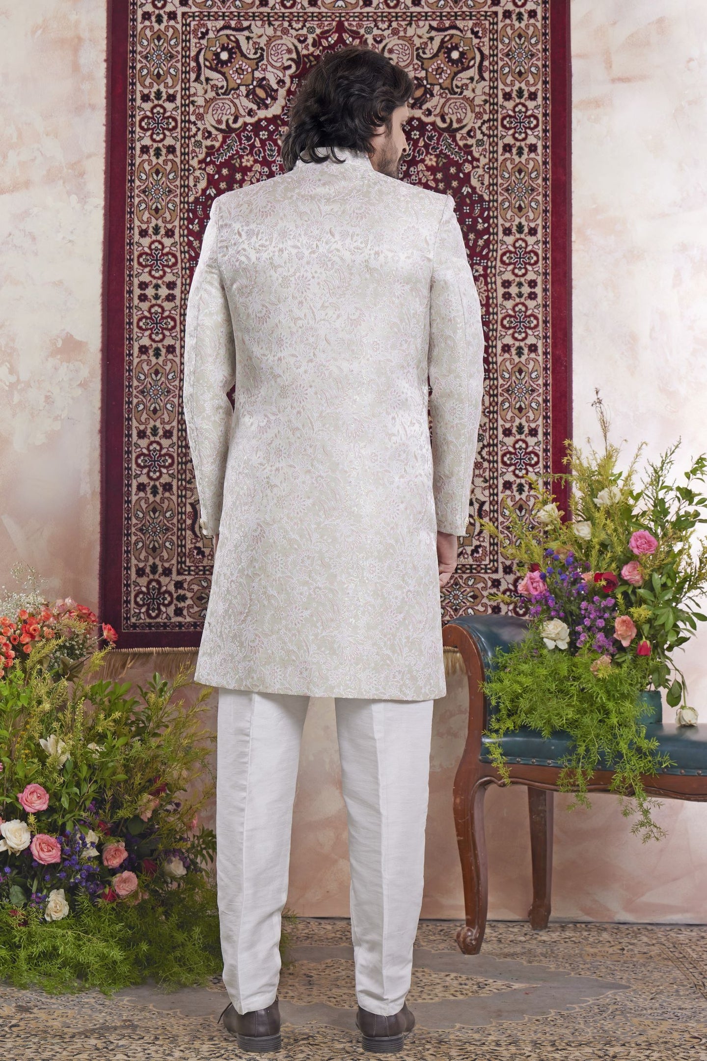 Light Cream Jacquard Mens Indian Wedding Attire Indo Western