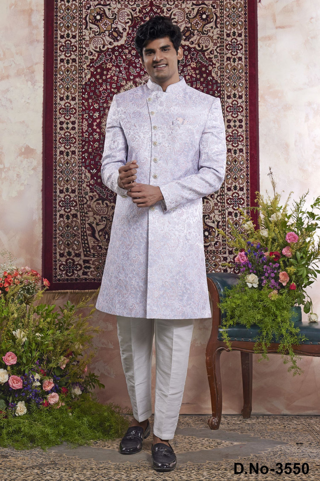 Lavender Jacquard Mens Indian Wedding Attire Woven Indo Western