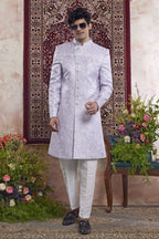 Lavender Jacquard Mens Indian Wedding Attire Woven Indo Western