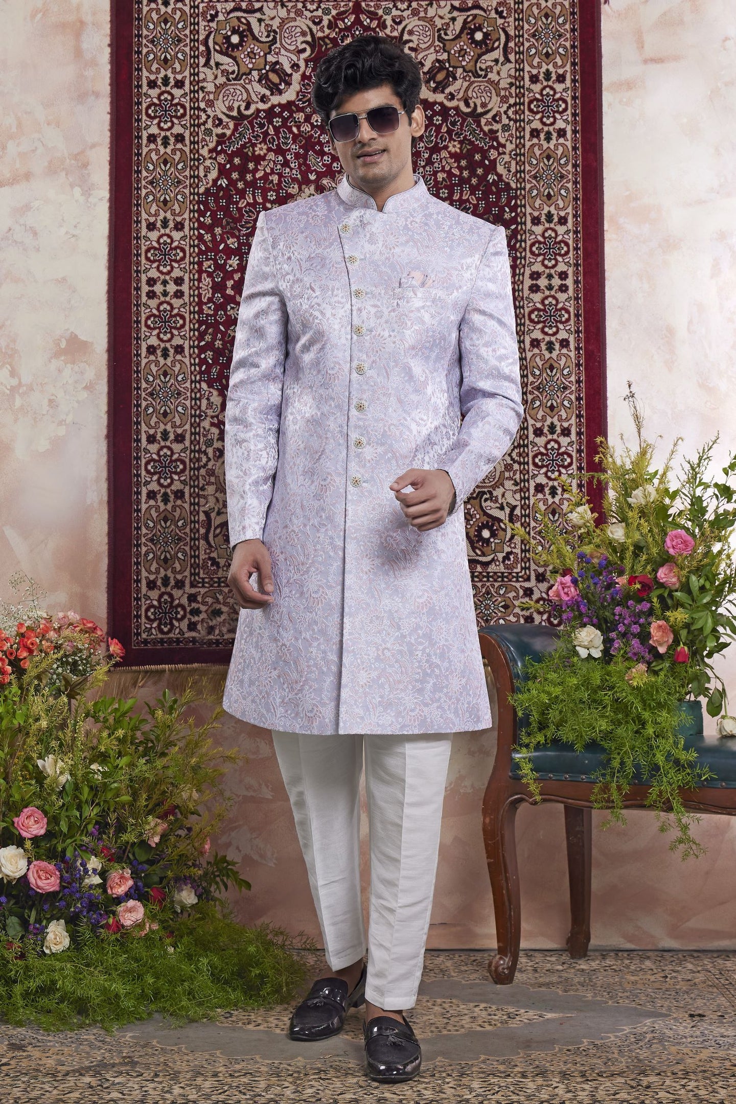 Lavender Jacquard Mens Indian Wedding Attire Woven Indo Western