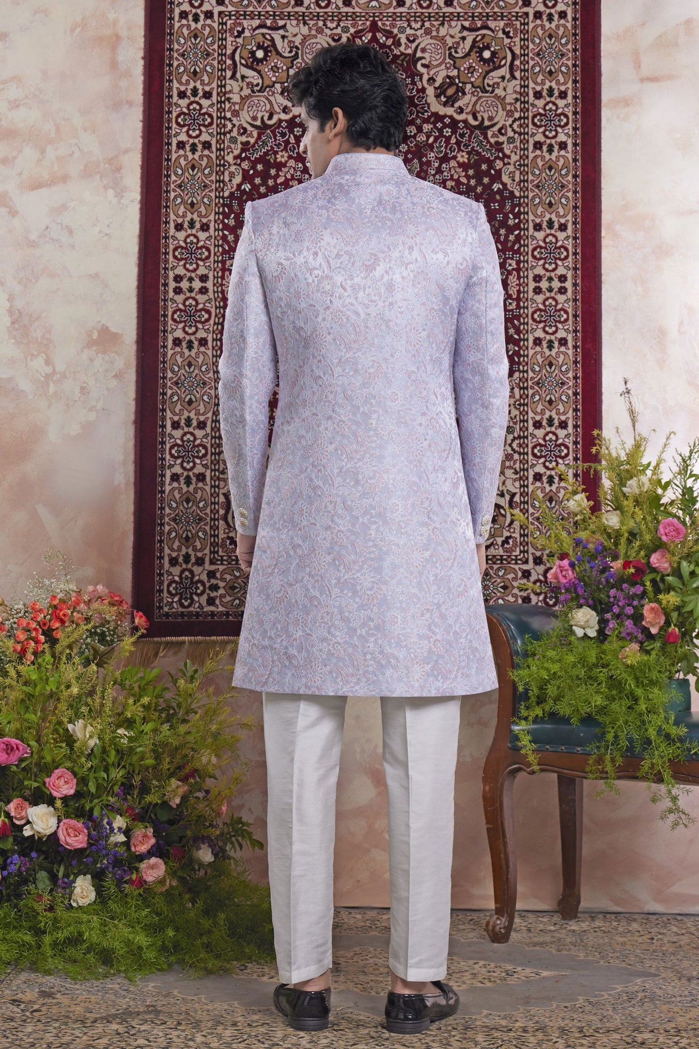 Lavender Jacquard Mens Indian Wedding Attire Woven Indo Western