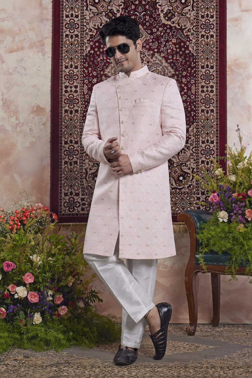 Pale Purple Jacquard Woven Indo Western Mens Indian Wedding Attire