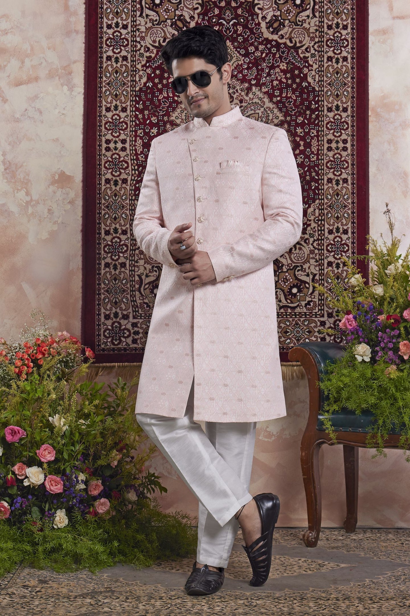 Pale Purple Jacquard Woven Indo Western Mens Indian Wedding Attire