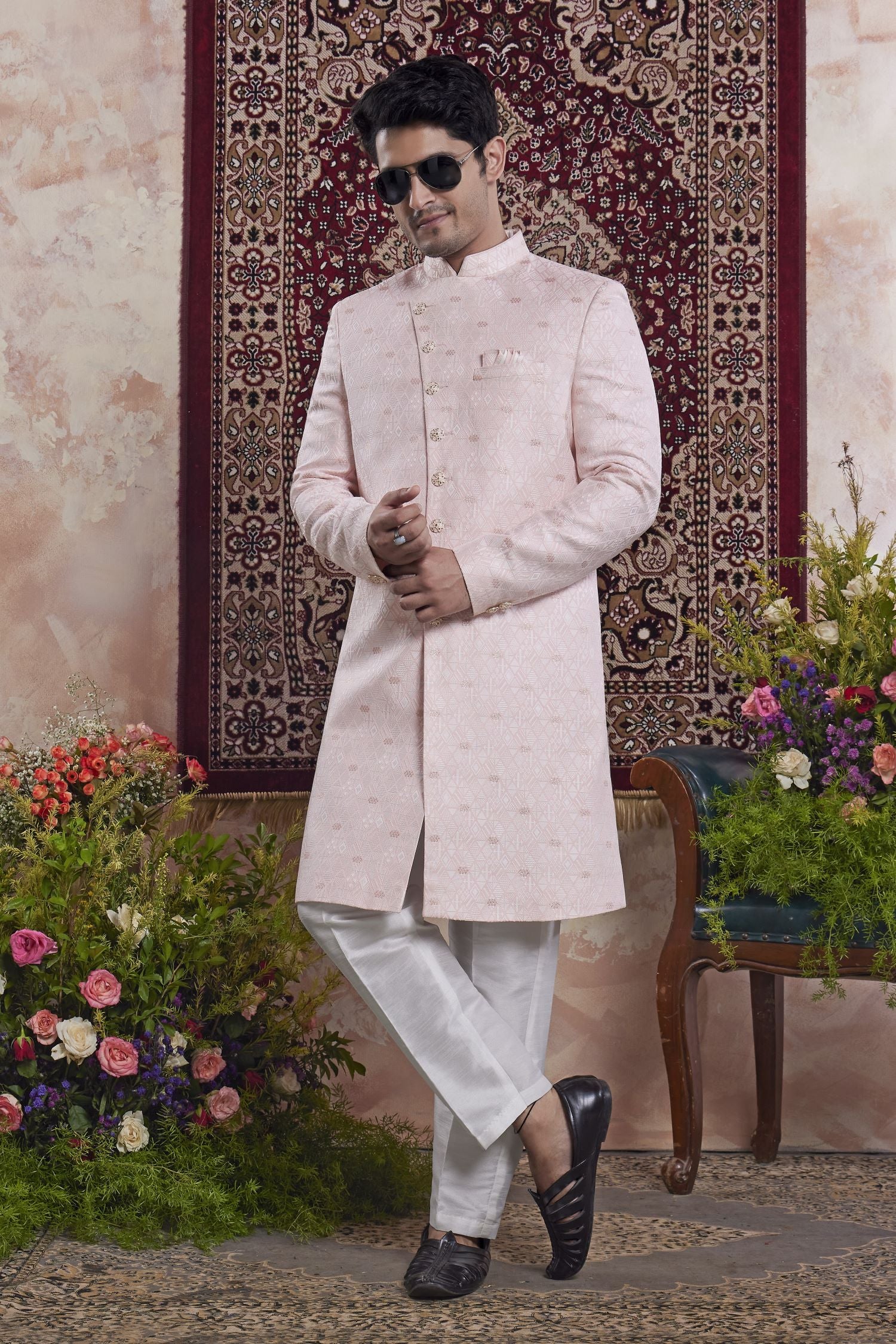 Pale Purple Jacquard Woven Indo Western Mens Indian Wedding Attire