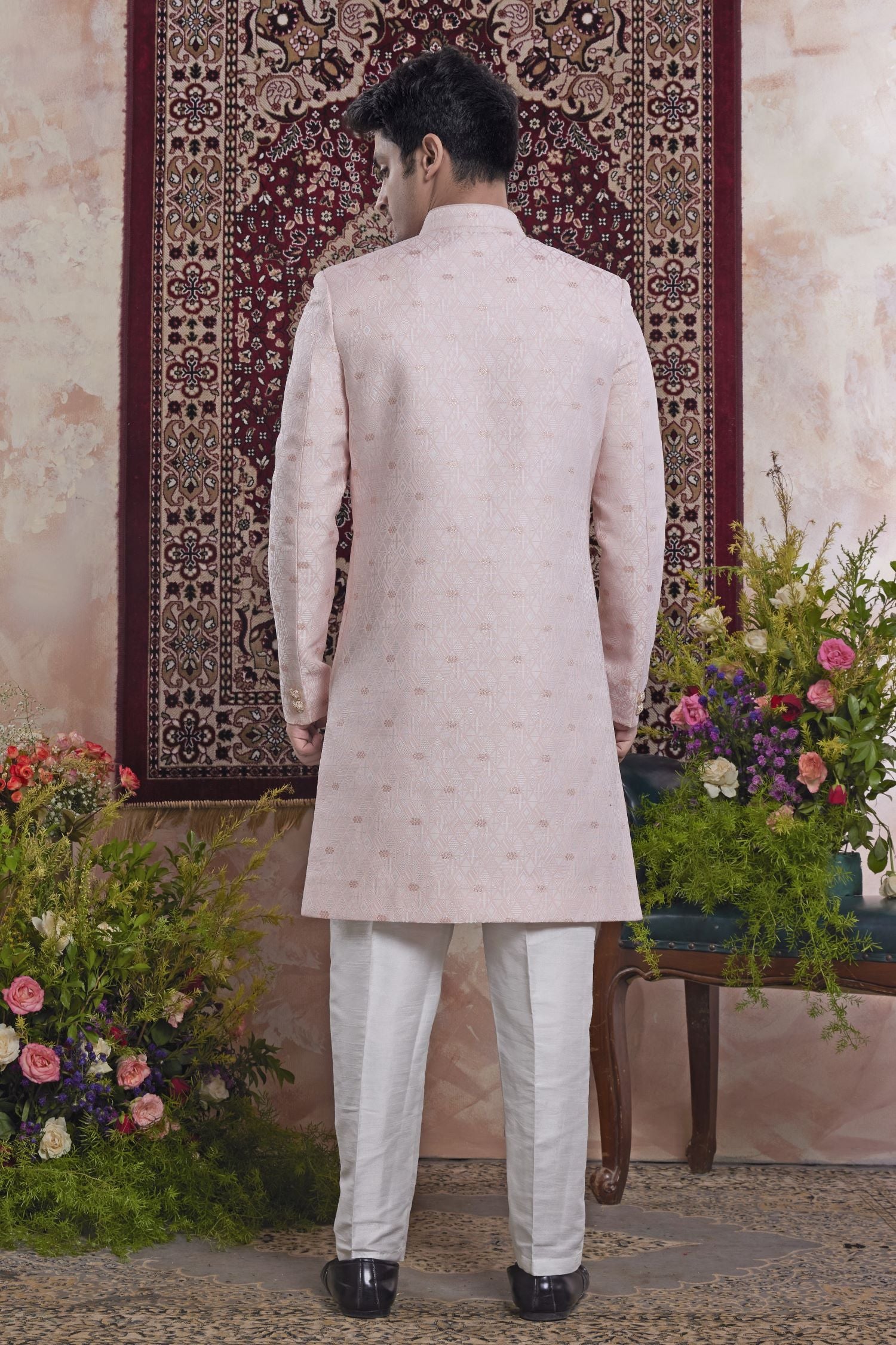 Pale Purple Jacquard Woven Indo Western Mens Indian Wedding Attire