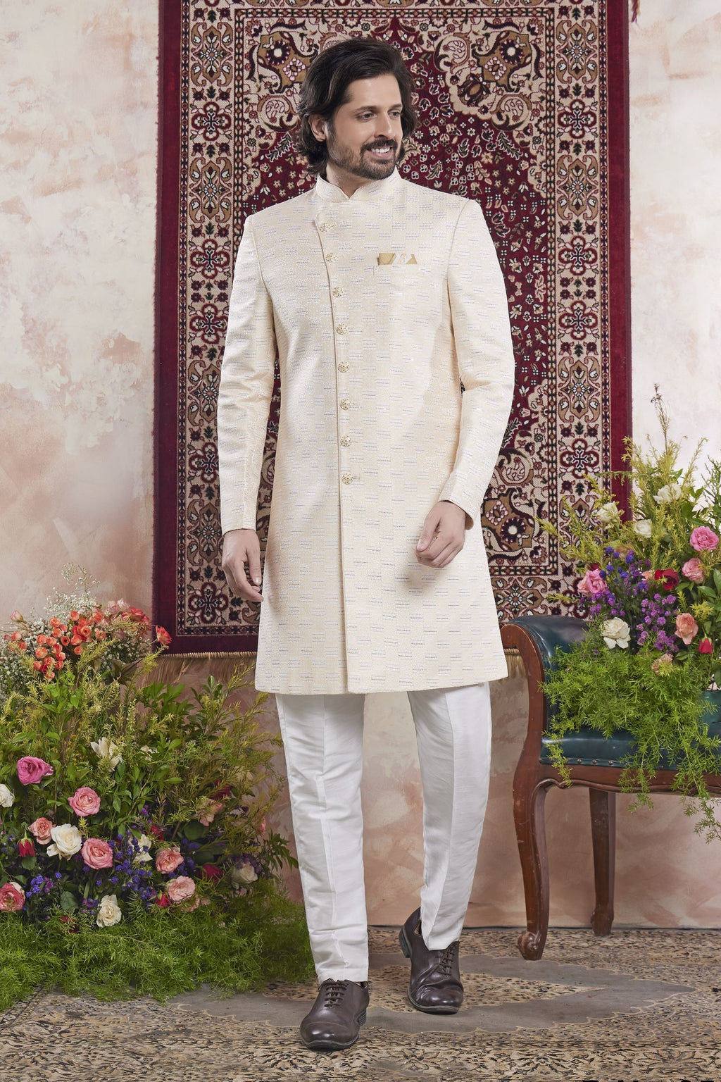 Light Golden Jacquard Mens Indian Wedding Attire Indo Western