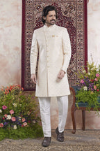 Light Golden Jacquard Mens Indian Wedding Attire Indo Western