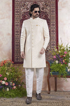 Light Golden Jacquard Mens Indian Wedding Attire Indo Western