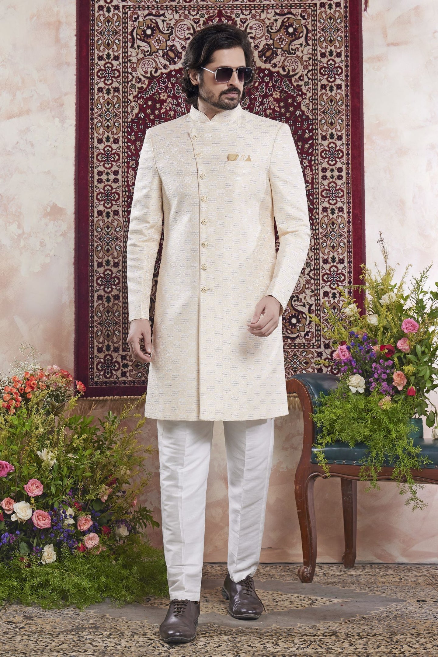 Light Golden Jacquard Mens Indian Wedding Attire Indo Western