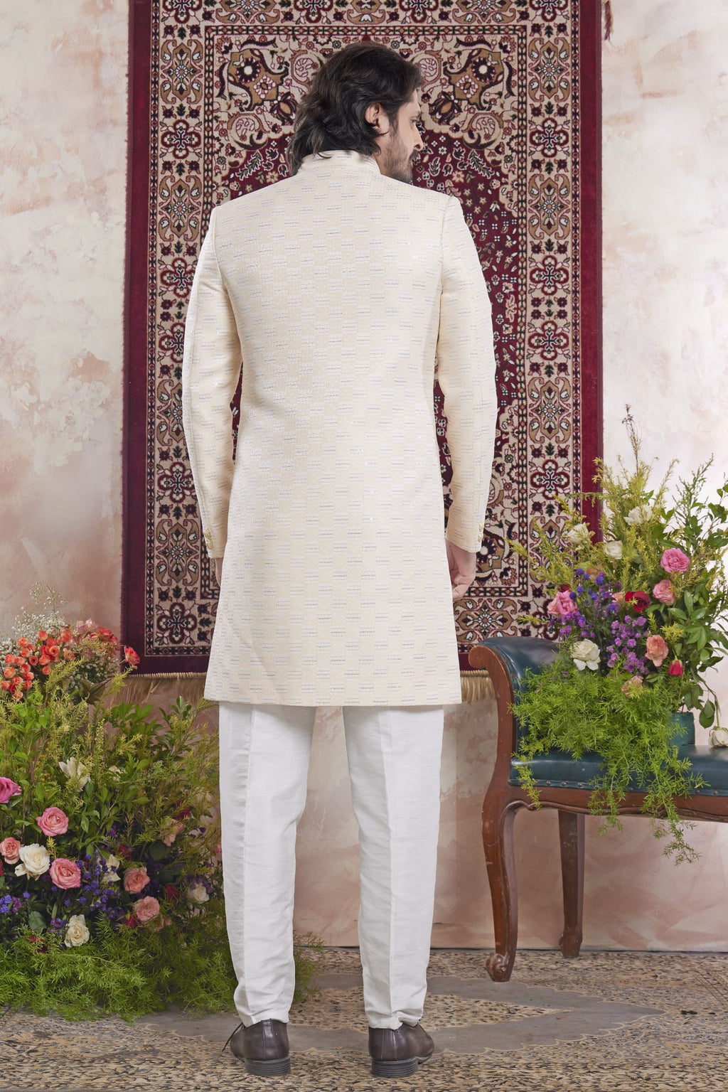 Light Golden Jacquard Mens Indian Wedding Attire Indo Western