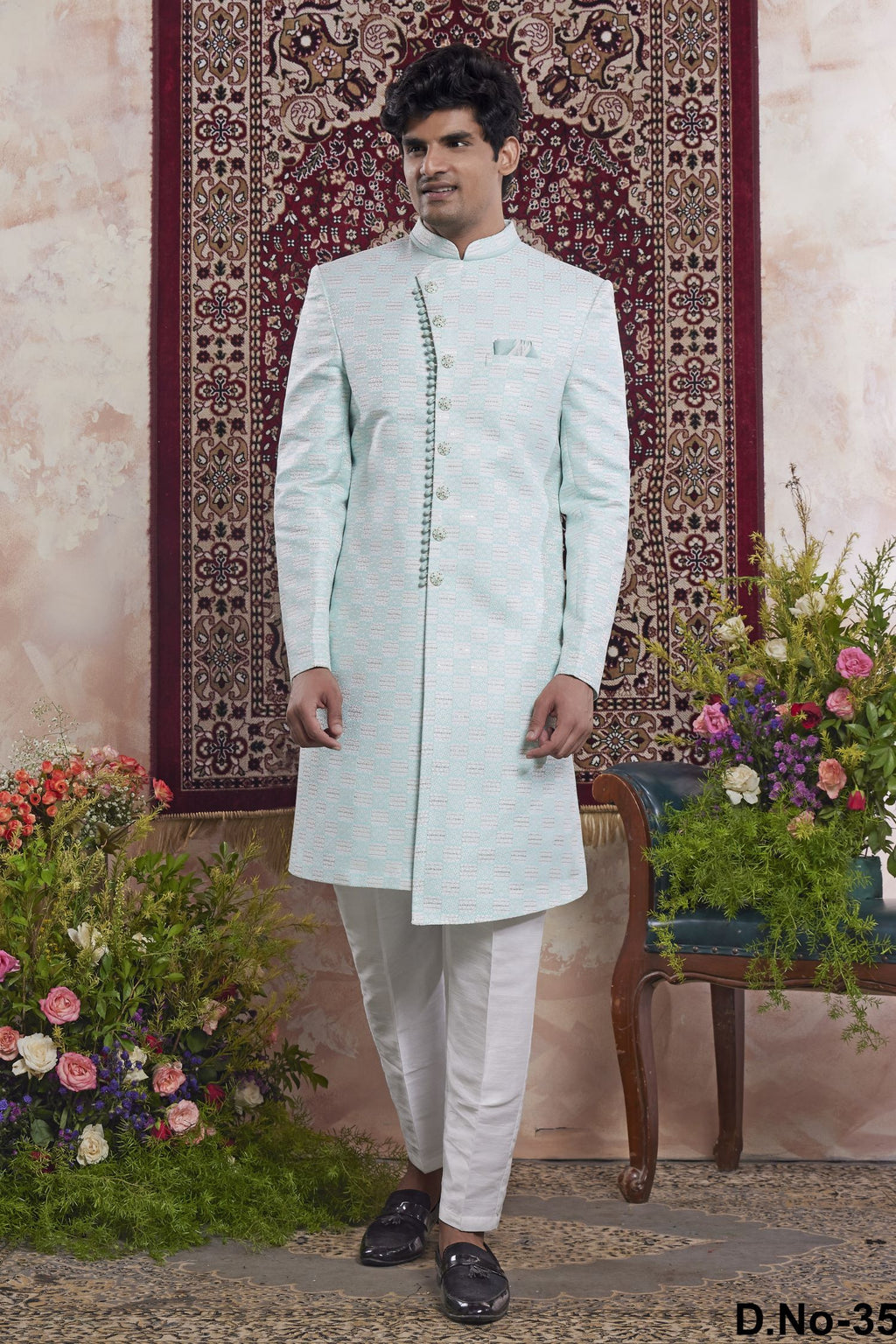 Light Sky Jacquard Indo Western Mens Indian Wedding Attire