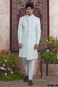 Light Sky Jacquard Indo Western Mens Indian Wedding Attire