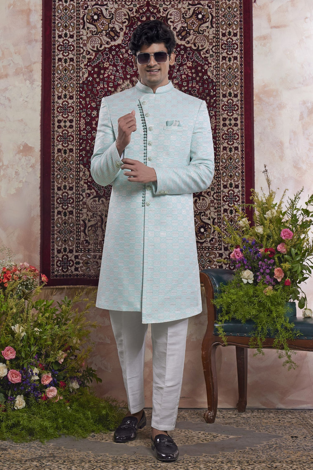 Light Sky Jacquard Indo Western Mens Indian Wedding Attire