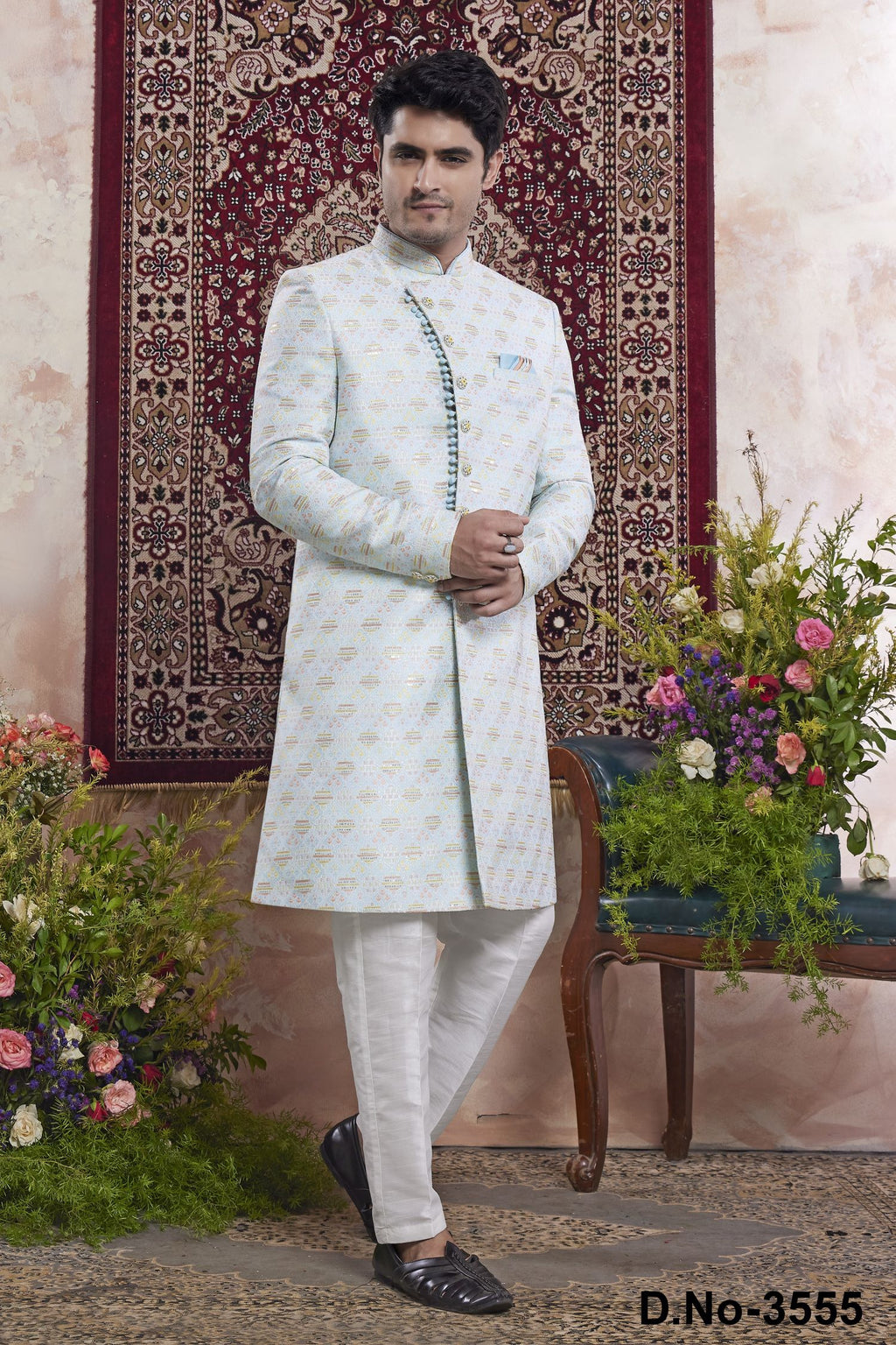 Light Sky Blue Jacquard Mens Indian Wedding Attire Indo Western