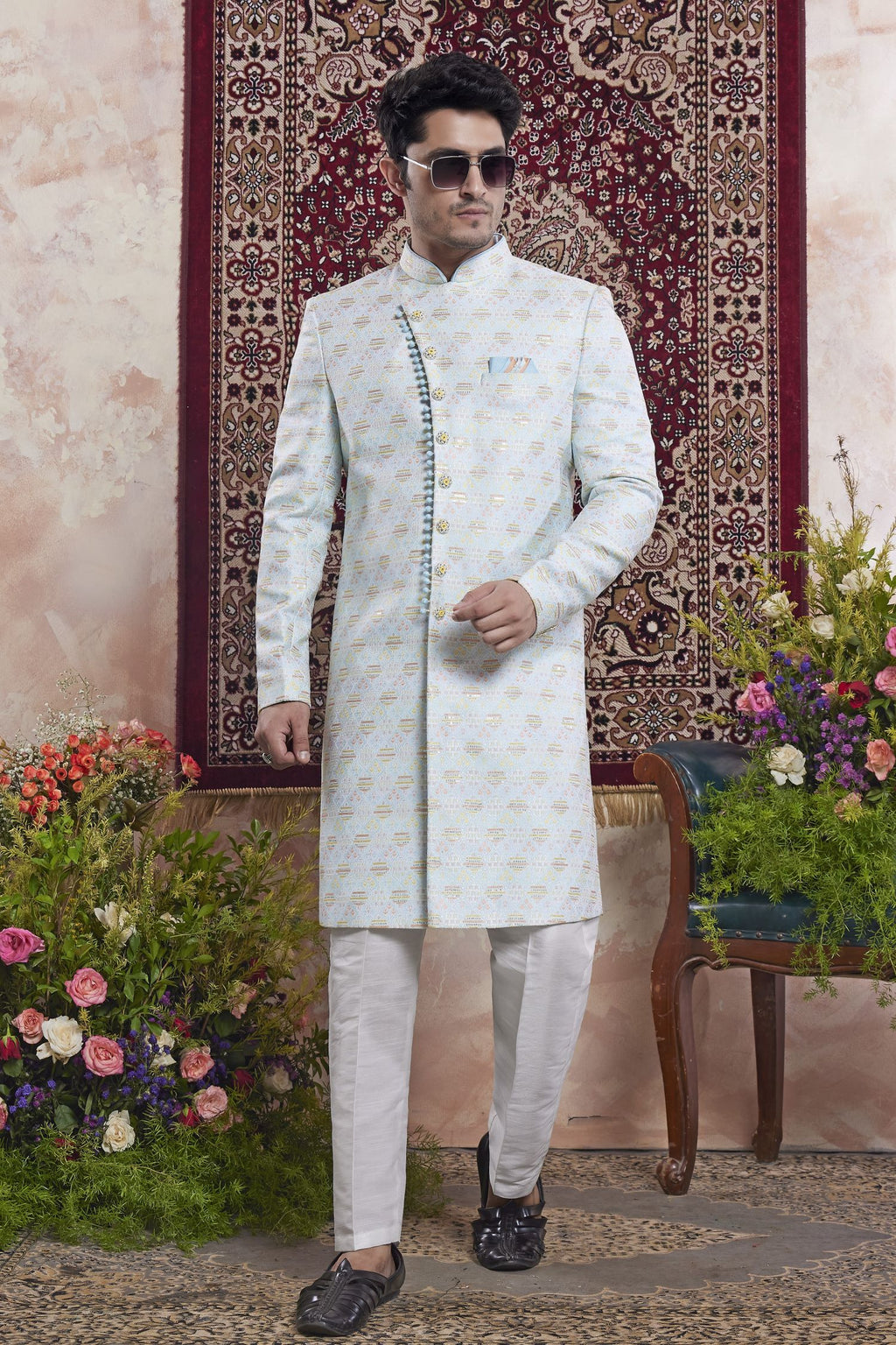 Light Sky Blue Jacquard Mens Indian Wedding Attire Indo Western