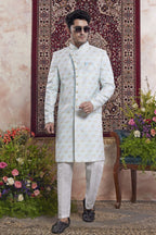 Light Sky Blue Jacquard Mens Indian Wedding Attire Indo Western