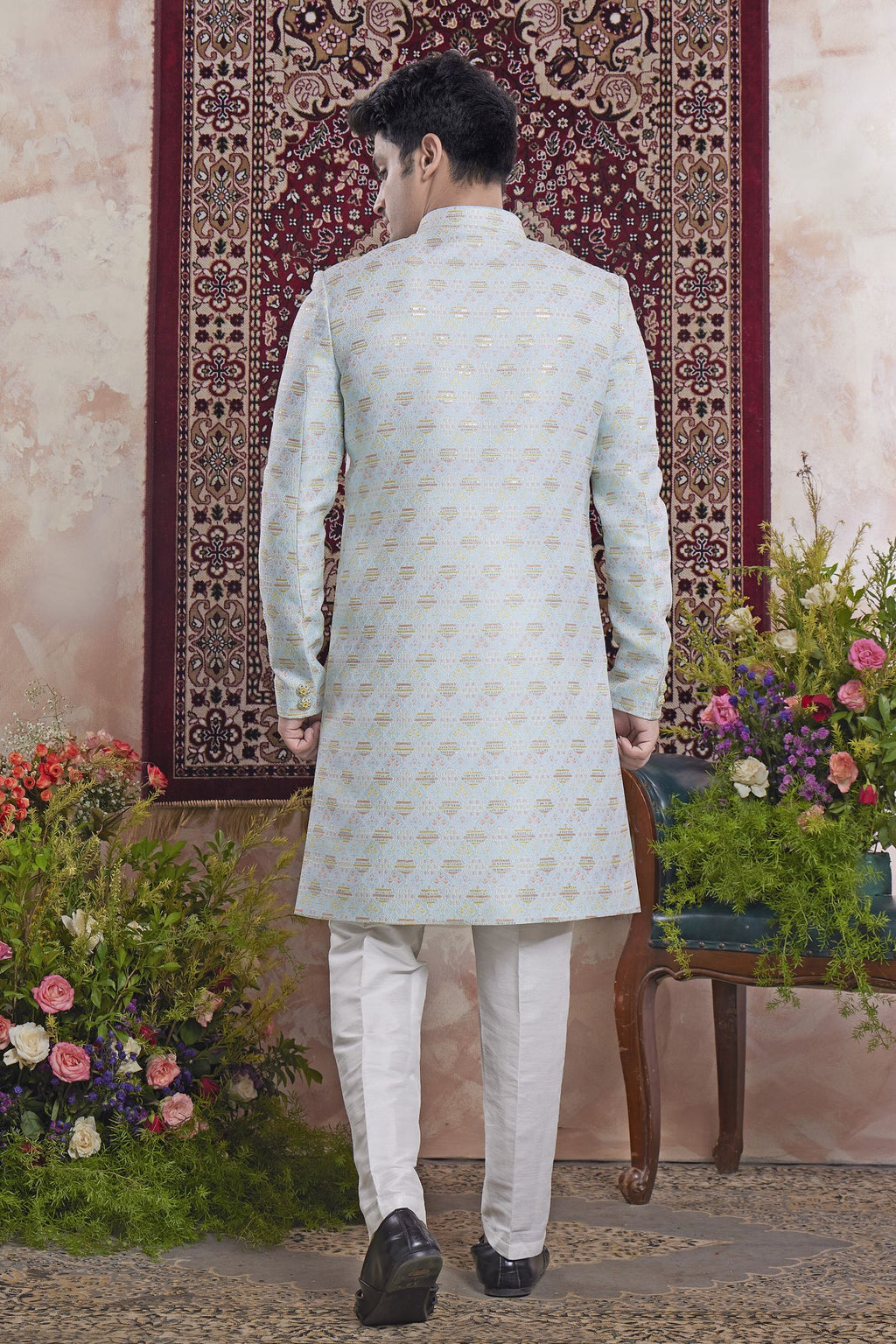 Light Sky Blue Jacquard Mens Indian Wedding Attire Indo Western