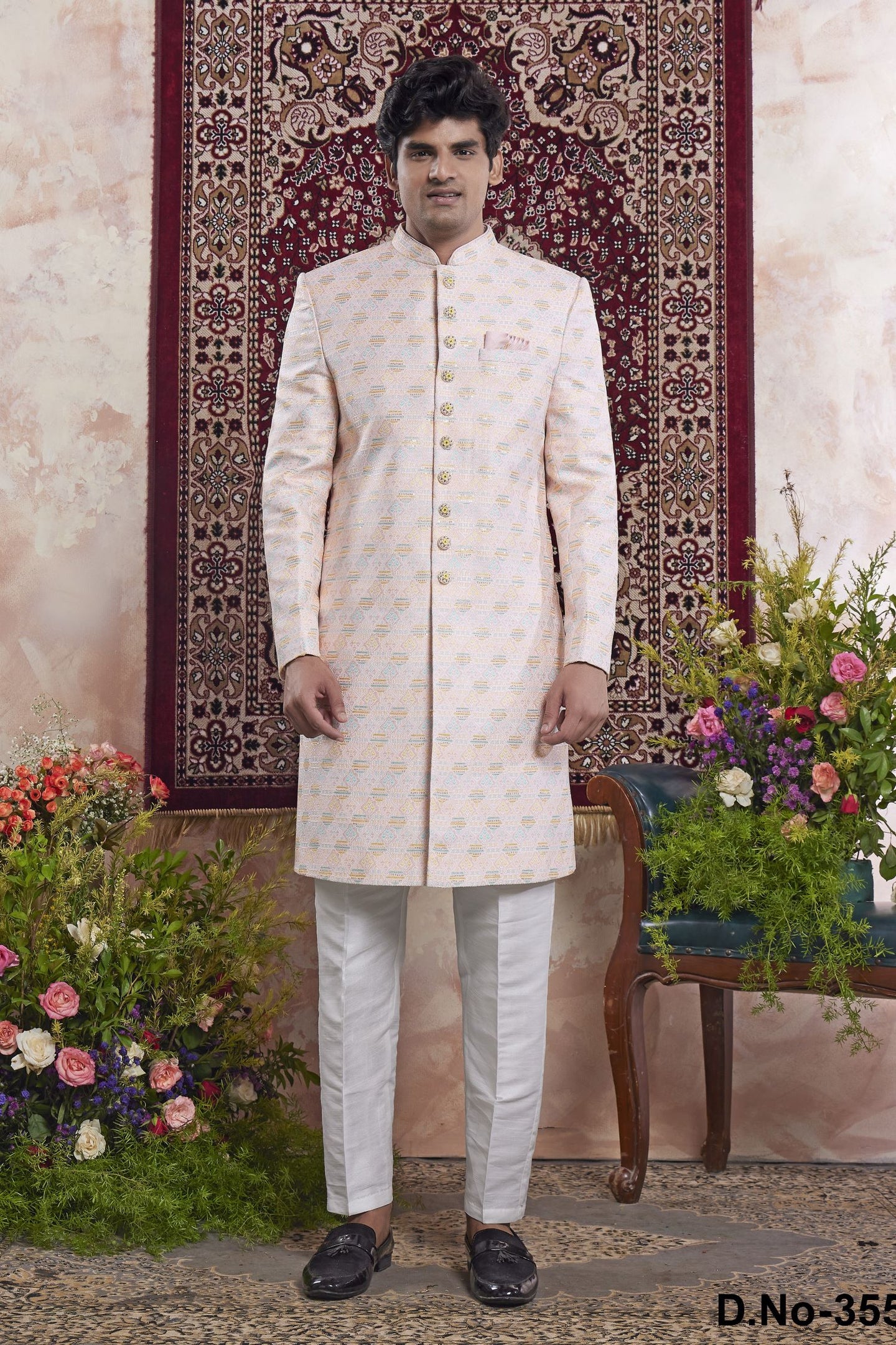 Blush Peach Jacquard Mens Indian Wedding Attire Indo Western