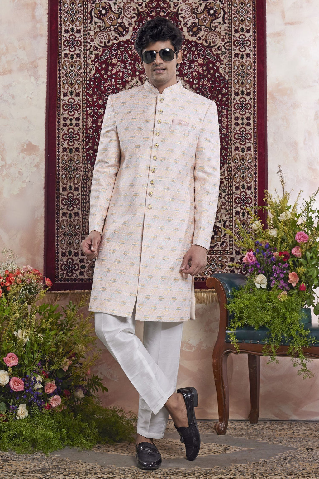 Blush Peach Jacquard Mens Indian Wedding Attire Indo Western