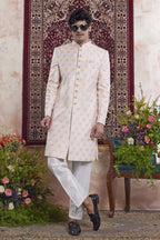 Blush Peach Jacquard Mens Indian Wedding Attire Indo Western