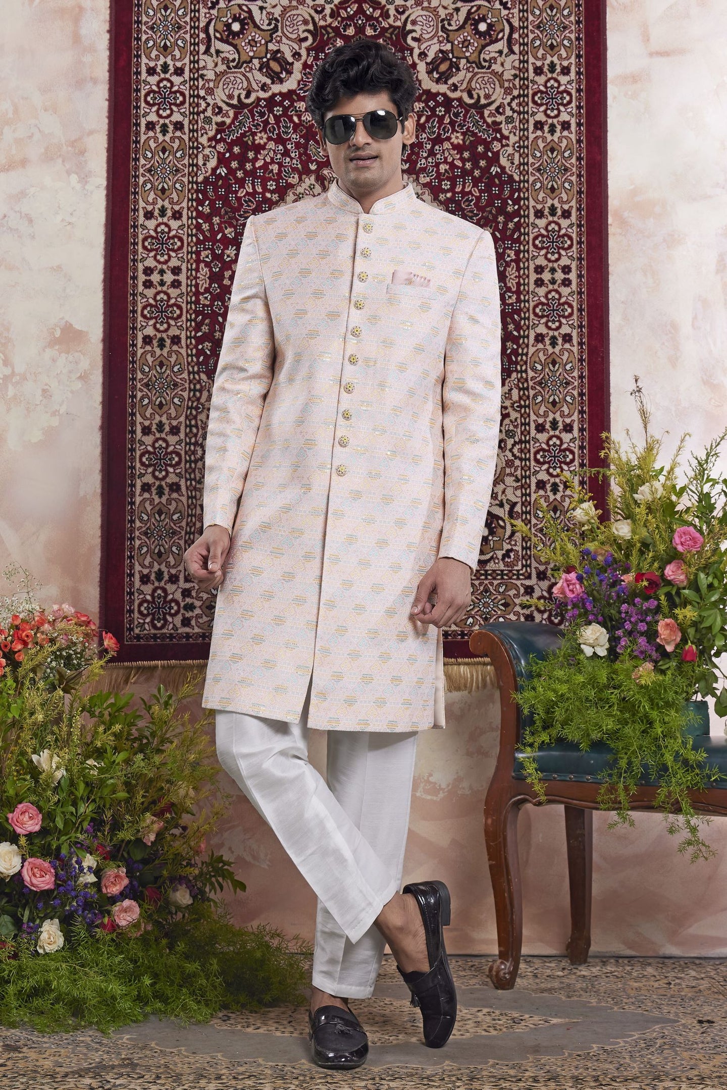 Blush Peach Jacquard Mens Indian Wedding Attire Indo Western
