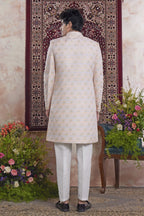 Blush Peach Jacquard Mens Indian Wedding Attire Indo Western