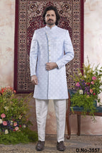 Bluish Gray Jacquard Mens Indian Wedding Attire Indo Western