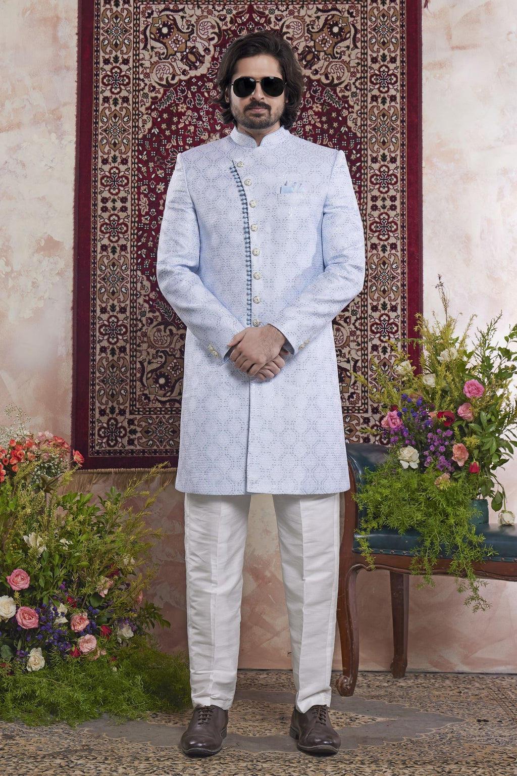 Bluish Gray Jacquard Mens Indian Wedding Attire Indo Western