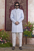 Bluish Gray Jacquard Mens Indian Wedding Attire Indo Western
