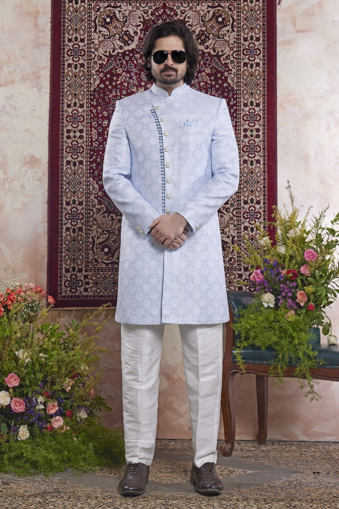 Bluish Gray Jacquard Mens Indian Wedding Attire Indo Western