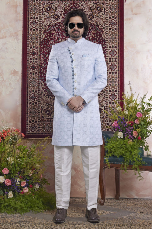 Bluish Gray Jacquard Mens Indian Wedding Attire Indo Western
