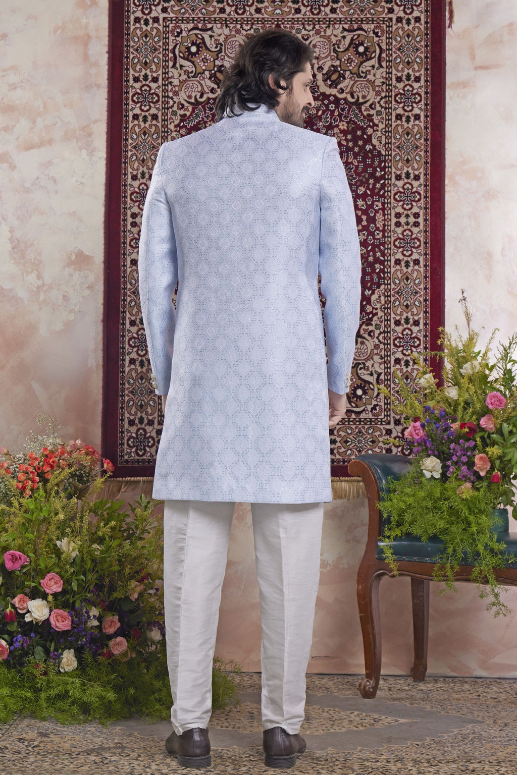 Bluish Gray Jacquard Mens Indian Wedding Attire Indo Western