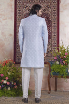 Bluish Gray Jacquard Mens Indian Wedding Attire Indo Western