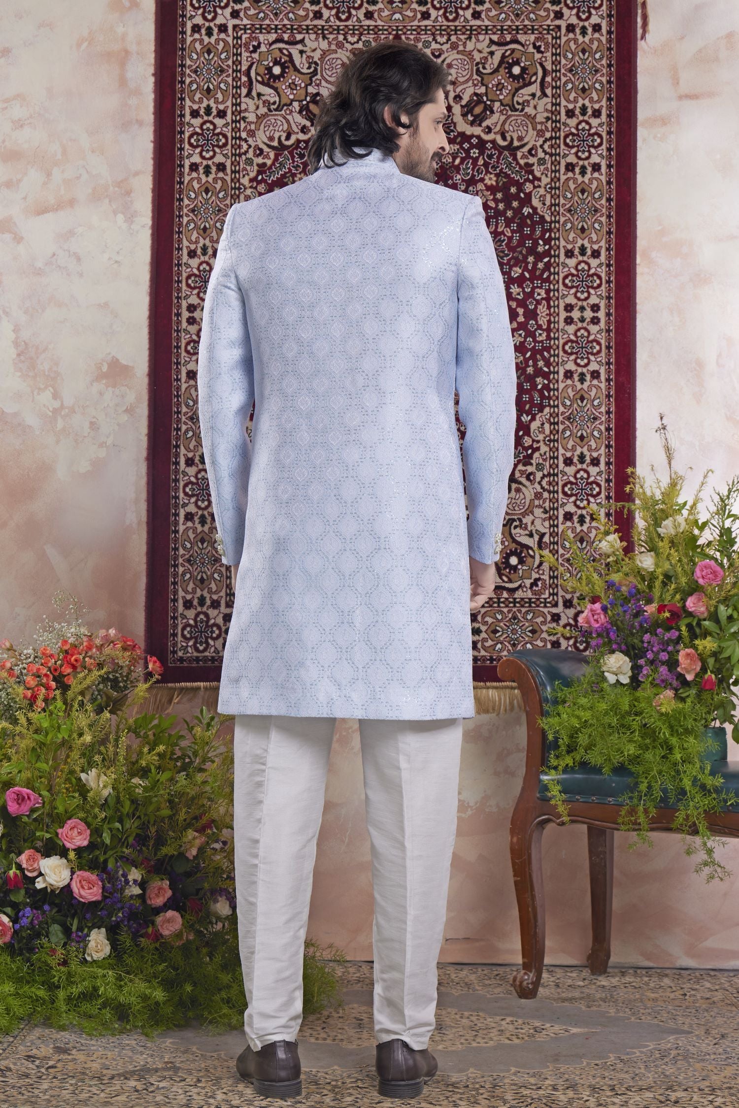 Bluish Gray Jacquard Mens Indian Wedding Attire Indo Western