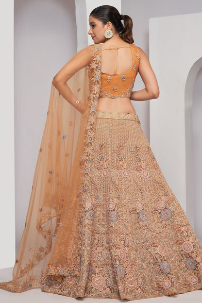 Peach Soft Net Lehenga Choli For Indian Festivals & Weddings - Sequins Work, Dori Work, Zarkan Work