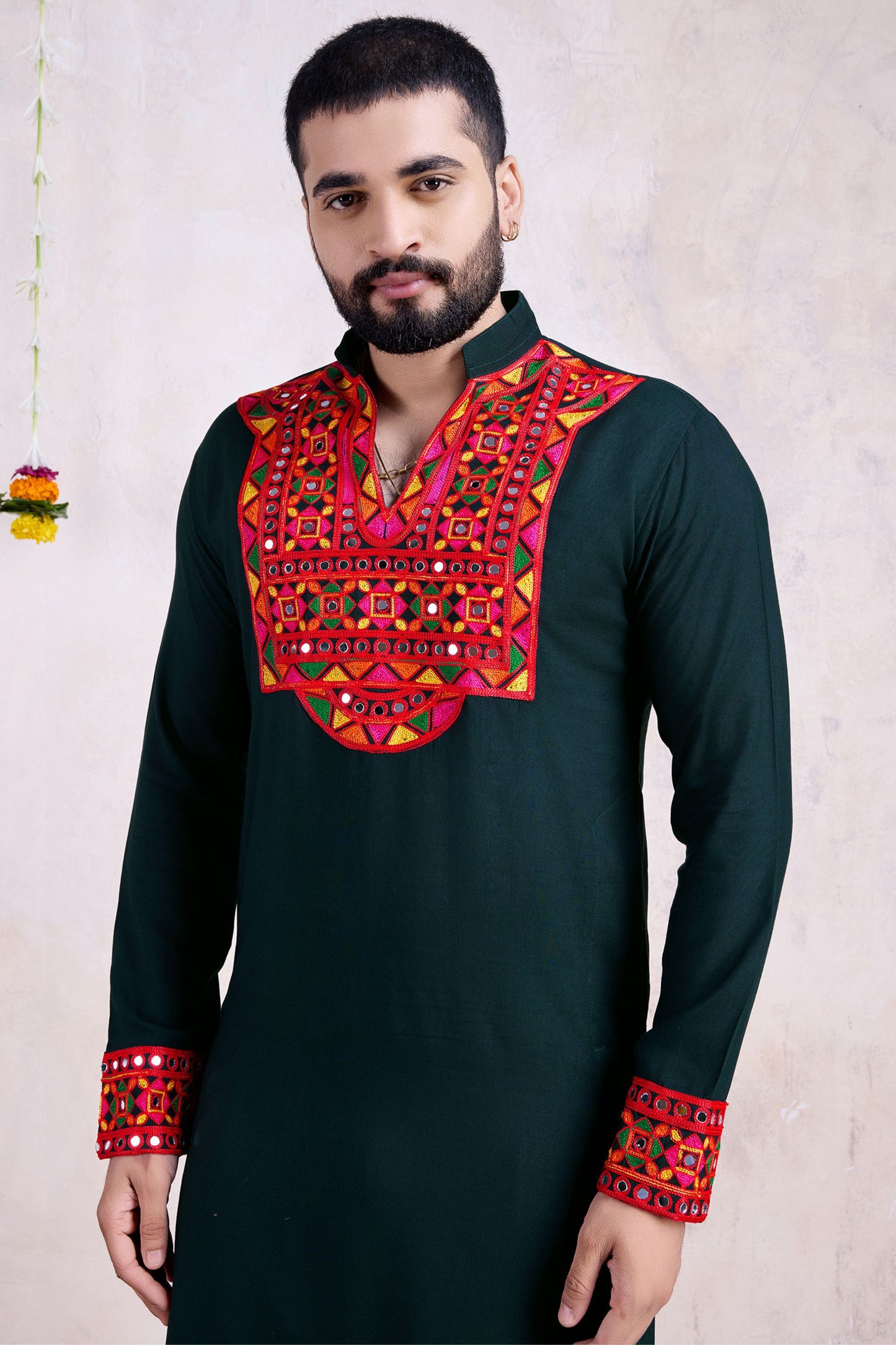 Green Rayon Kurta Pyjama for Men For Navratri Garba Festivals - Embroidery Work, Real Mirror Work