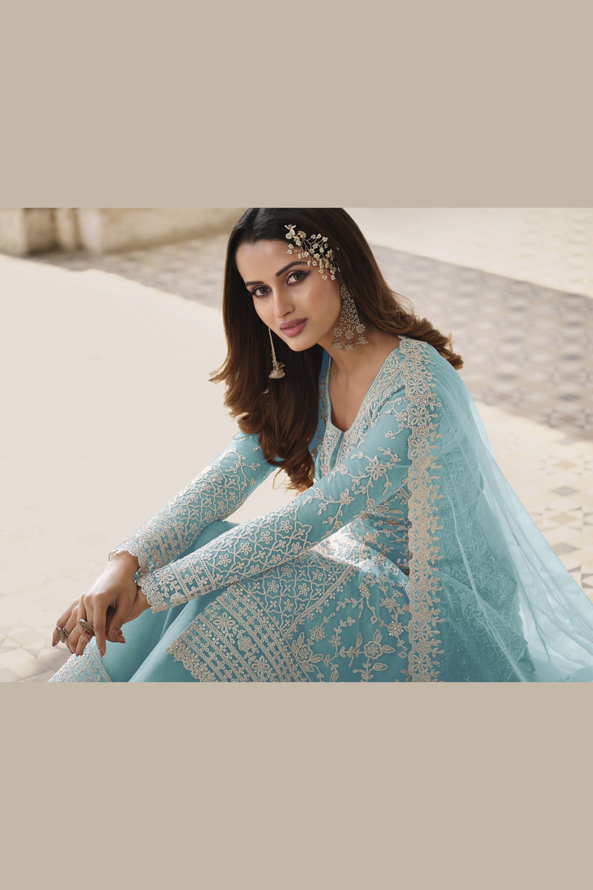 Light Blue Net & Cording Work Salwar Kameez Plazzo Suit For Indian Wedding & Festival - Embroidery Work, Cording Work
