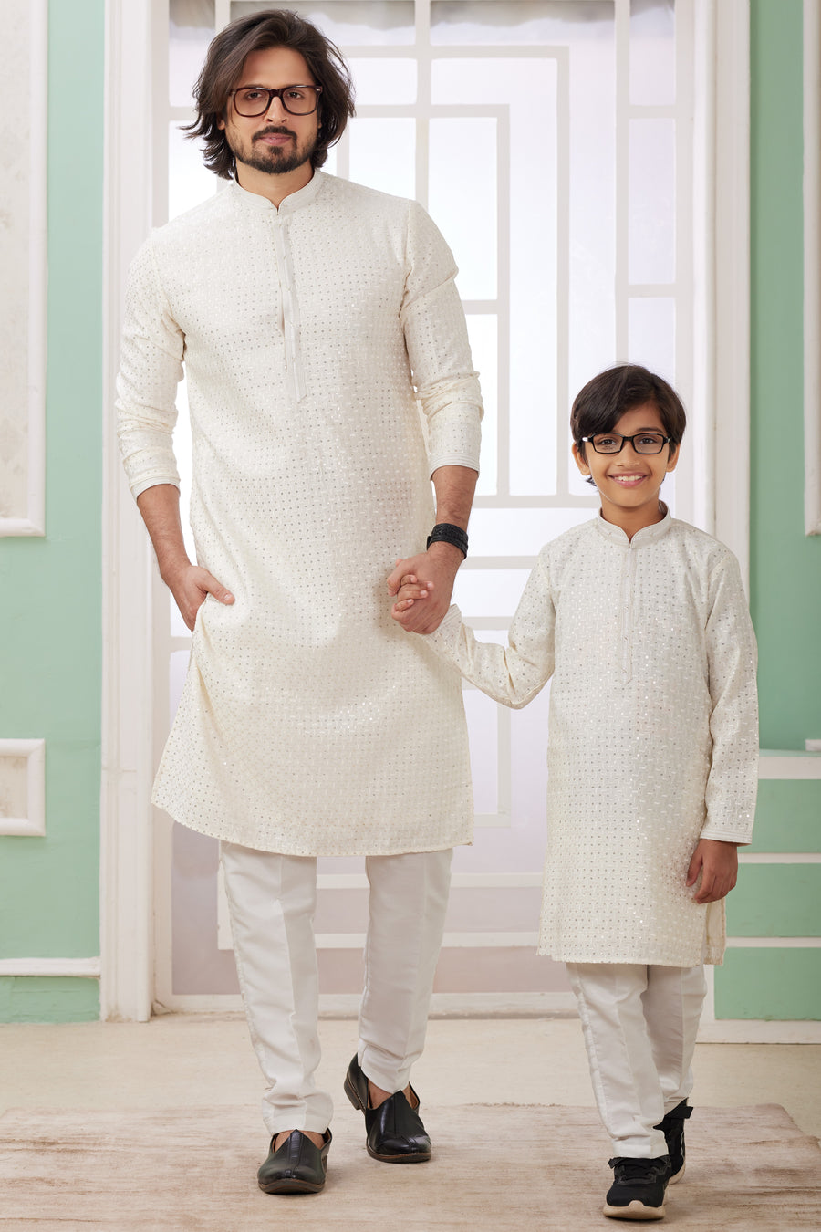 White Art Silk Father Son Matching Combo Indo Western Traditional Sherwani Long Kurta & Pajama Suit for Wedding - Embroidery Work