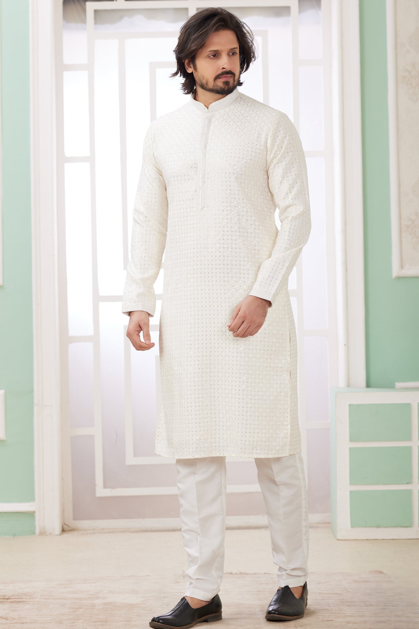 White Art Silk Indo Western Traditional Sherwani Long Kurta & Pant Suit for Men for Wedding - Embroidery Work
