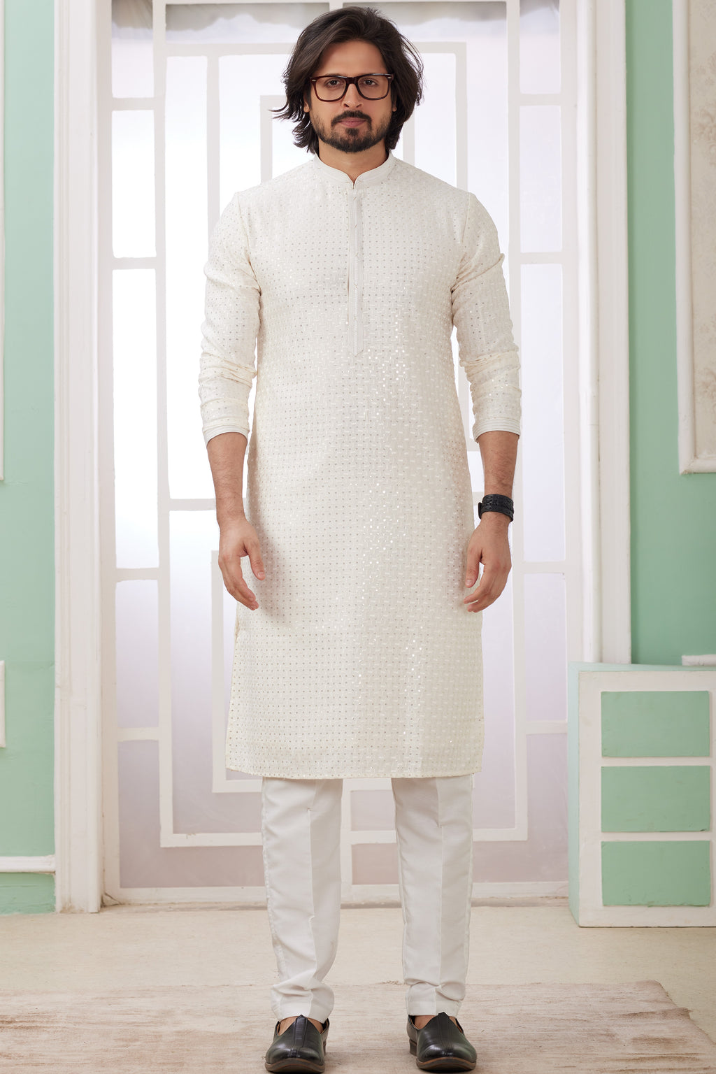 White Art Silk Indo Western Traditional Sherwani Long Kurta & Pant Suit for Men for Wedding - Embroidery Work