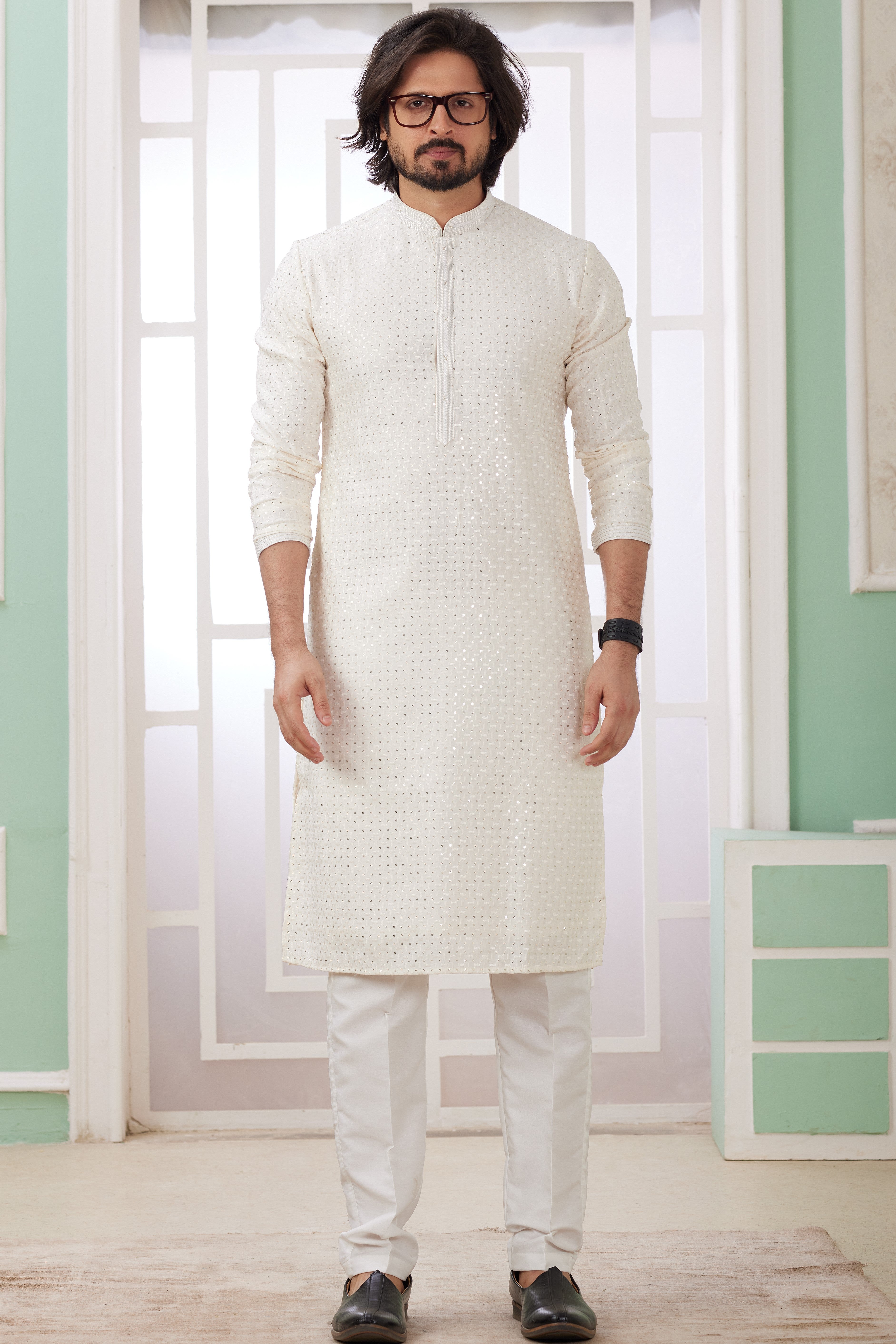 White Art Silk Indo Western Traditional Sherwani Long Kurta & Pant Suit for Men for Wedding - Embroidery Work