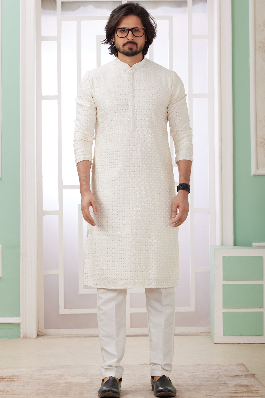 White Art Silk Indo Western Traditional Sherwani Long Kurta & Pant Suit for Men for Wedding - Embroidery Work