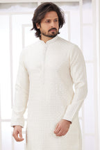 White Art Silk Indo Western Traditional Sherwani Long Kurta & Pant Suit for Men for Wedding - Embroidery Work